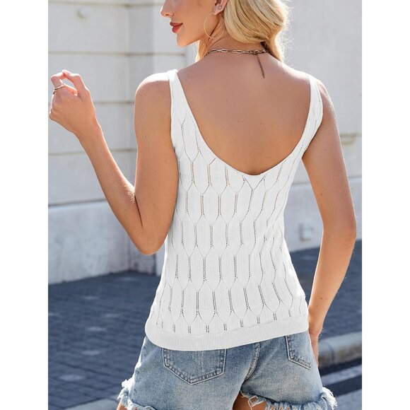 Feoya Women White Scoop Neck Knitted Cami Layering Sleeveless Pointelle Sweater - Picture 2 of 6